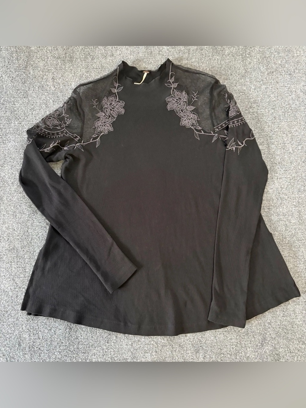 Free People Women’s L Black Floral Embroidered Sheer Mesh Long Sleeve Top